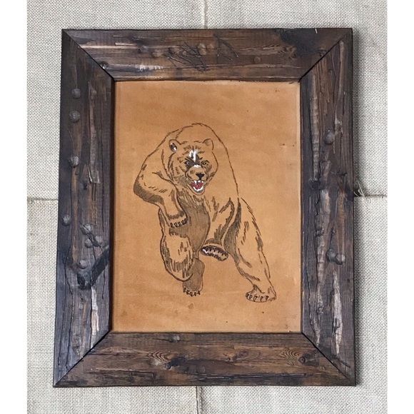 Vintage Bear Leather Drawing Art Framed Rustic Cottagecore Horror Man Cave AS IS